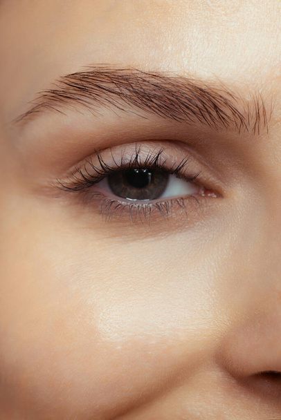 Oříznutý detailní portrét krásné ženské hnědé oko dívající se do kamery - Fotografie, Obrázek