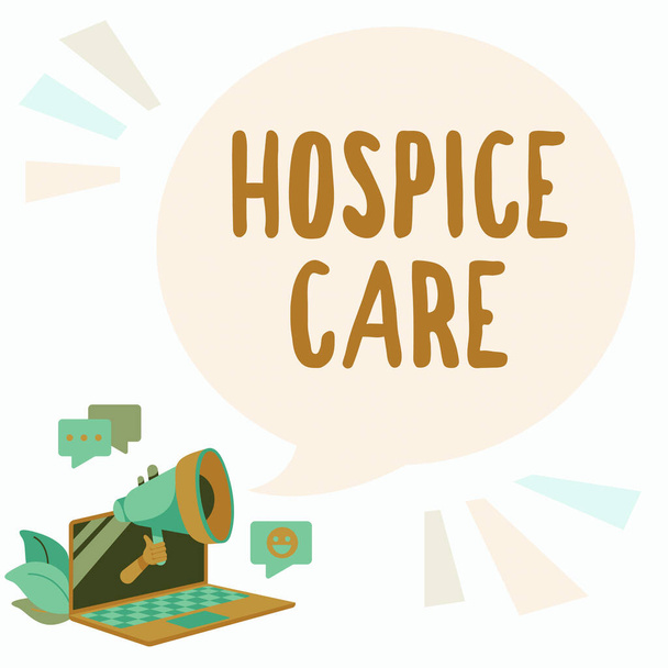 Szöveg megjelenítése Hospice Care. Üzleti ötlet középpontjában a palliáció egy krónikusan beteg betegek Laptop rajz megosztása Hozzászólások és reakciók Chat Cloud felett Megafon - Fotó, kép