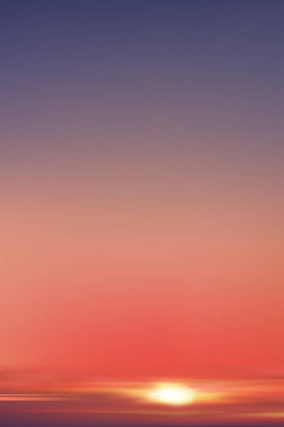 Ηλιοβασίλεμα το βράδυ με πορτοκαλί, κίτρινο, ροζ, μοβ ουρανό, κάθετη δραματικό λυκόφως και το σούρουπο τοπίο, Διάνυσμα ορίζοντα απεικόνιση Ουρανό πανό της ανατολής ή του ήλιου για τέσσερις εποχές φόντο - Διάνυσμα, εικόνα
