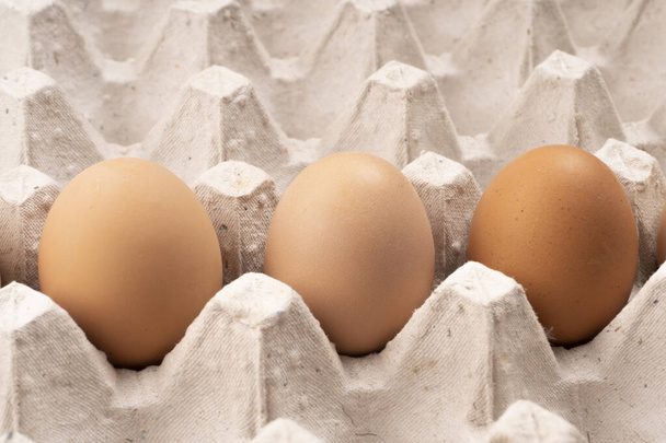 Brązowe jaja kurze w pudełku z jajkami. Jajko ekologiczne na zdrowe śniadanie białkowe. Symbol Wielkanocy. Surowe jaja kurze. - Zdjęcie, obraz