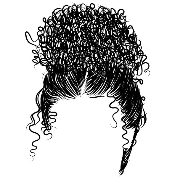 vector Hand drawn curly hairstyle- hair bun of a beautiful girl and baby hairs.  - Vector, Image