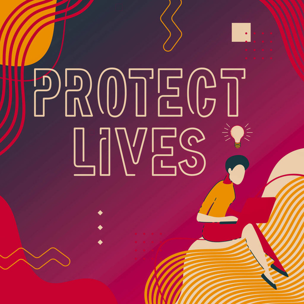 Szöveg felirat bemutatása Protect Lives. Koncepció jelentése, hogy fedezze vagy védje a kitettség sérülés vagy pusztítás nő ül laptoppal Aktívan befejező munka az új gondolatok. - Fotó, kép