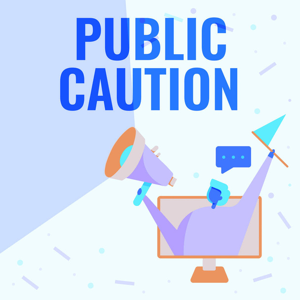 Sign displaying Public Caution. Business idea formal warning given to the public to express a potential risk Lady Inside A Monitor Screen Drawing Holding Megaphone And Flag. - Photo, Image