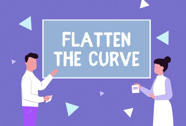 Podepsat zobrazení Flatten The Curve. Obchodní nápad zvýšit povědomí o zpomalení rychlosti infekčních chorob Ilustrace páru Prezentování nápadů Držení poznámek Lepení na desky. - Fotografie, Obrázek