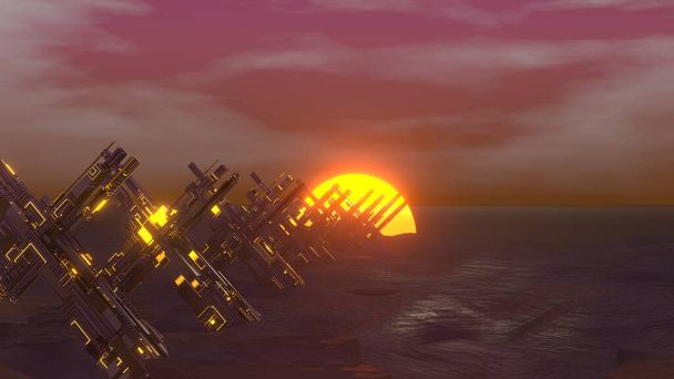 3D Render. Resumen Sci Fi Alien Terrain Background with Sunset. Cyberpunk vintage estilizado, Paisaje digital en un mundo cibernético - Foto, imagen