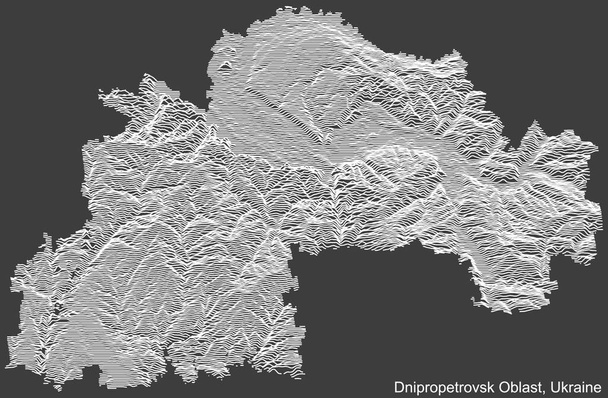 Topographic negative relief map of the Ukrainian administrative area  of DNIPROPETROVSK (SICHESLAV) OBLAST, UKRAINE with white contour lines on dark gray background - Vector, Image
