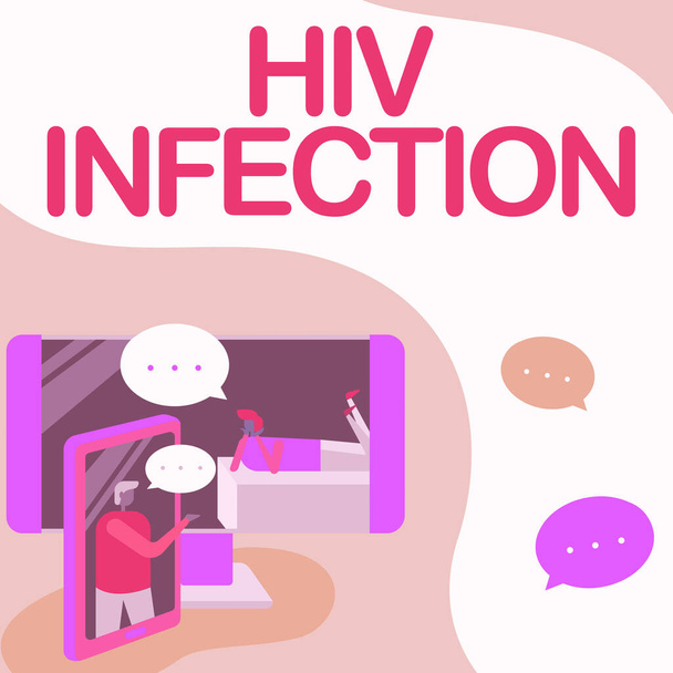 Wyświetlacz koncepcyjny Hiv Infection. Przegląd biznesu infekcji przenoszonych drogą płciową i przewlekłej choroby Dwóch kolegów dzielących myśli z pęcherzykami wyskakującymi z telefonów - Zdjęcie, obraz