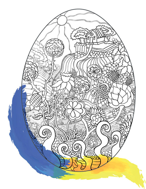 Húsvéti tojás vektor fekete-fehér vidéki jelenet és Ukrajna zászló kék és sárga - Vektor, kép