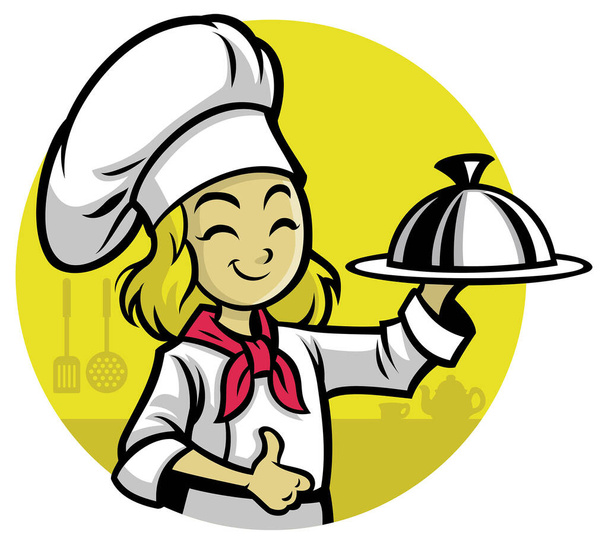 Дівчина шеф-кухар представляє їжу
 - Вектор, зображення