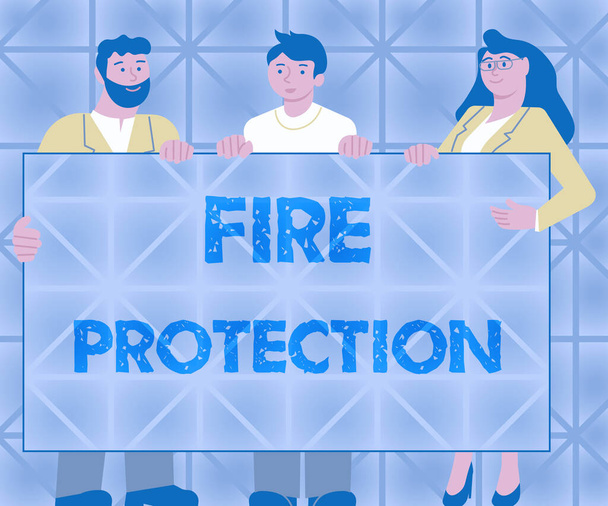 Wyświetlacz koncepcyjny Ochrona przeciwpożarowa. Słowo na środki podjęte w celu zapobieżenia pożarowi z staje się destrukcyjne trzech kolegów trzymających prezentacja pokładzie pokazując nowe pomysły. - Zdjęcie, obraz
