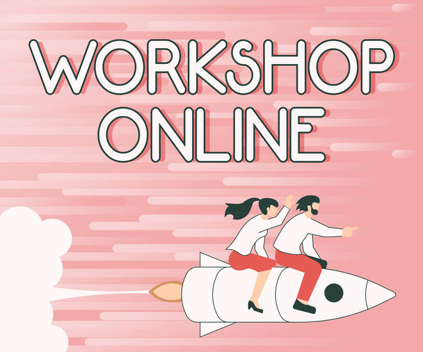 Inspiráló szöveg Workshop Online. Word for Workshop Online illusztráció Boldog partnerek lovaglás Rocket Ship Exploring World. - Fotó, kép