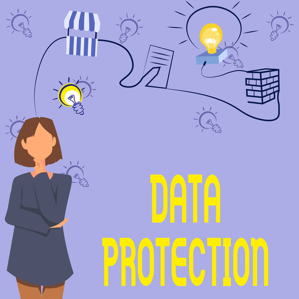 Text showing inspiration Data Protection. Business idea Protect IP addresses and personal data from harmful software Woman Innovative Thinking Leading Ideas Towards Stable Future. - Photo, Image
