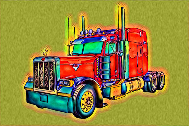 Amerykański samochód ciężarowy ilustracja kolor izolowane sztuka vintage retro - Zdjęcie, obraz