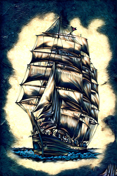 Antika tekne deniz motifi el yapımı sanat eseri çizimi - Fotoğraf, Görsel