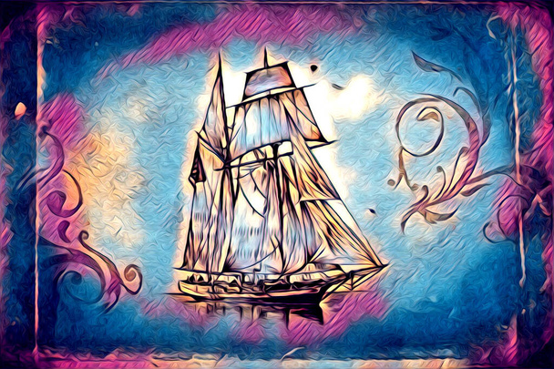 Barco antiguo mar motivo dibujo hecho a mano ilustración arte vintage dibujo - Foto, Imagen
