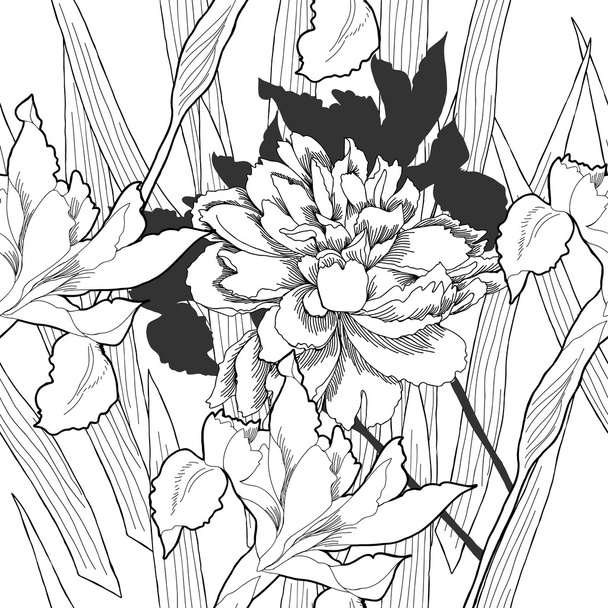 Black and white seamless pattern with flowers-08 - Vektori, kuva