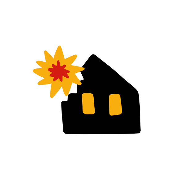 ruined house from explosion doodle icon, vector color line illustration - ベクター画像