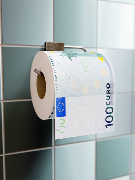 Rendement 3D du rouleau de papier hygiénique avec imprimé 100 Euro sur distributeur mural - Photo, image