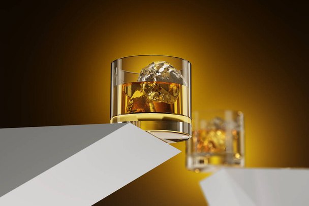 Two Whiskey Glasses with Ice Cubes - 3D Illustration - Fotó, kép
