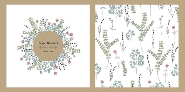 Greeting card from dry flowers lavender, eucalyptus, gomphrena. Postcard concept with place for text and seamless pattern. - Vector, Image