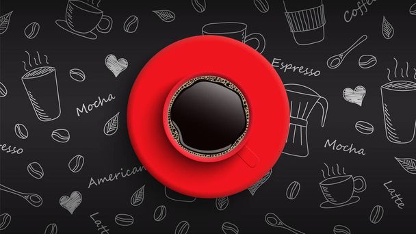 Tazza di caffè rosso su sfondo di caffè scarabocchio disegnato a mano, illustrazione vettoriale - Vettoriali, immagini