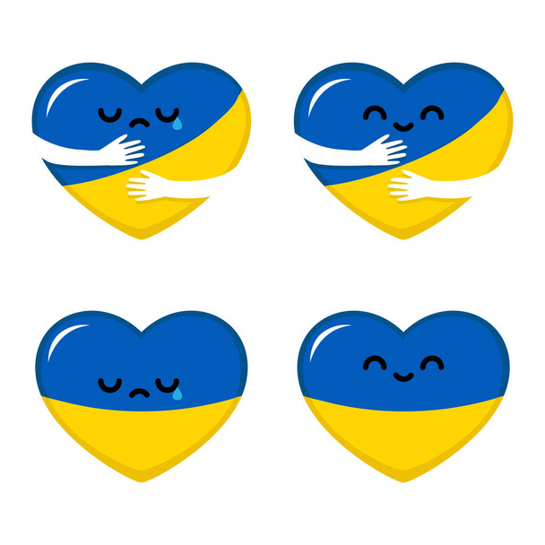Support Ukraine concept. Hands hug heart with Ukrainian flag. Heart with happy and sad face in blue and yellow color. Help refugee. International donations - Vettoriali, immagini