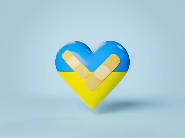 hart met Oekraïense vlag en pleisters voor wonden. concept van herstel, oorlog, solidariteit, genezing, onderdak en vrede. 3d destructie - Foto, afbeelding
