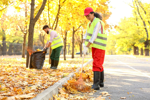 Рабочие собирают осенние листья на открытом воздухе - Фото, изображение
