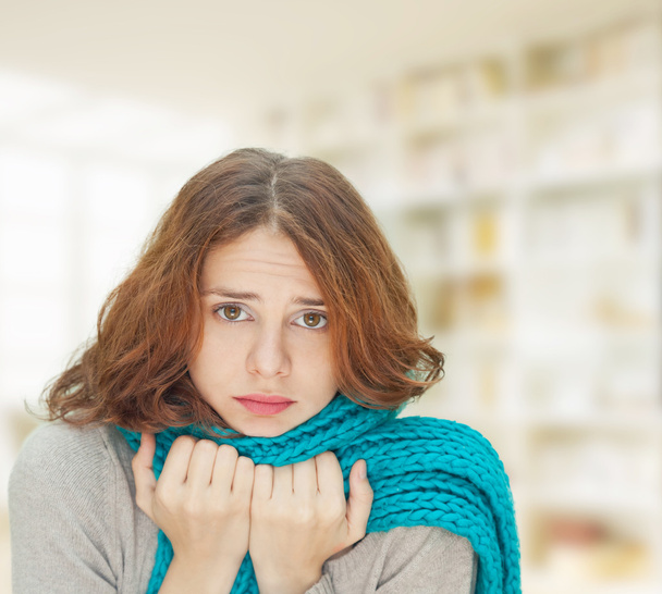 young woman in blue scarf is sick cold - Foto, Imagen