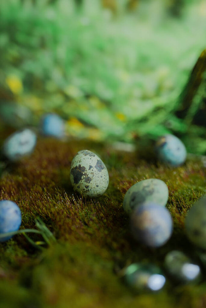 Easter colored eggs on green grass with blurred background. - 写真・画像