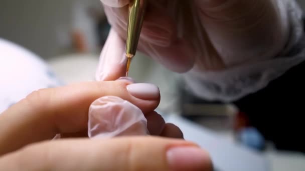 manicure i pedicure master stosować lakier do paznokci cienką szczotką do paznokci - Materiał filmowy, wideo