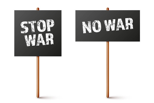 Black protest sign on wooden holder. Stop war. Realistic demonstration banner with text. Strike action cardboard placard mockup. Vector illustration - Vettoriali, immagini