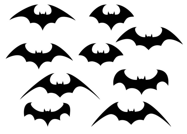 Conjunto vetorial de diferentes morcegos de Halloween. Morcegos voadores de Halloween. Morcego vetor vampiro. Silhueta escura de morcego voando em um estilo plano. Ilustração vetorial - Vetor, Imagem