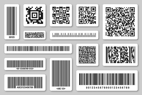 Set productbarcodes en QR-codes. Identificatiecode. Serienummer, product-ID met digitale informatie. Sla of supermarkt scan etiketten, prijskaartje. Vectorillustratie. - Vector, afbeelding