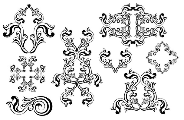 ベクトルダマスクヴィンテージバロックスクロール装飾旋回。ヴィクトリア朝のモノグラム紋章シールドが渦巻く。レトロな花の葉のパターンの境界線は、アンティークアカンサスの書道の入れ墨を刻ま葉。タイル装飾要素 - ベクター画像