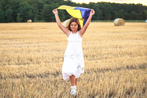 Die ukrainische Flagge flattert als großes Nationalsymbol am blauen Himmel. Mädchen mit der Fahne der Ukraine läuft bei Sonnenuntergang durch das Feld. Staatliche Unterstützung im Krieg. Vereintes Europa gegen Russland. Hoffnung für die Welt. - Foto, Bild