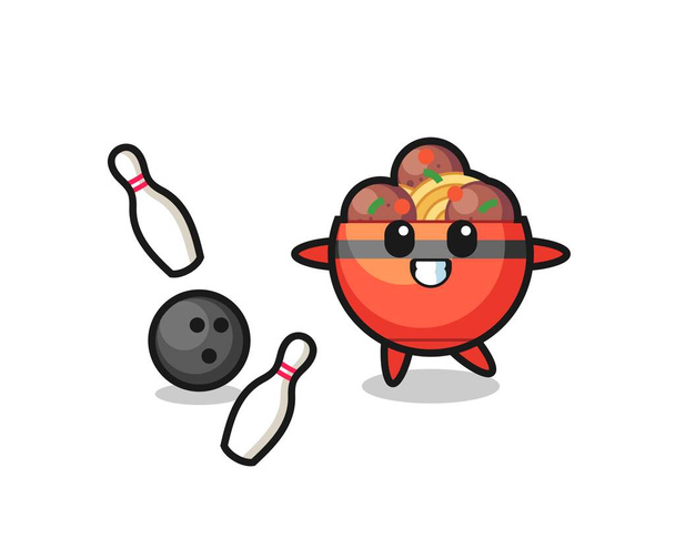 personnage dessin animé de boulette de viande bol joue au bowling, design mignon - Vecteur, image