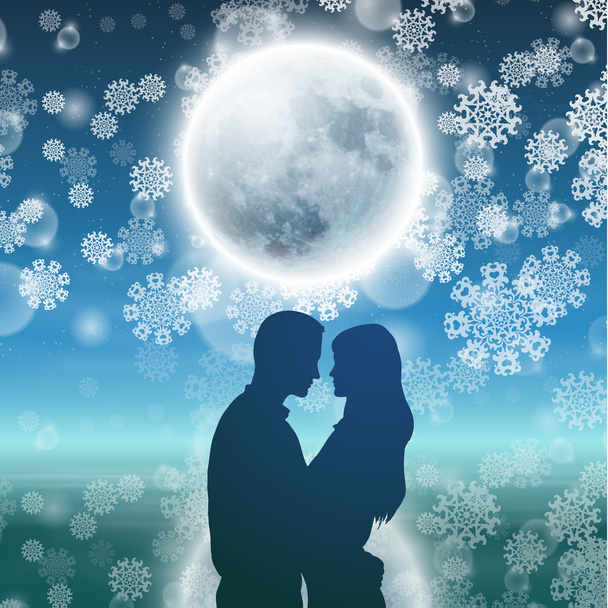 Couple over background with moon and snowflakes - Vector, Imagen
