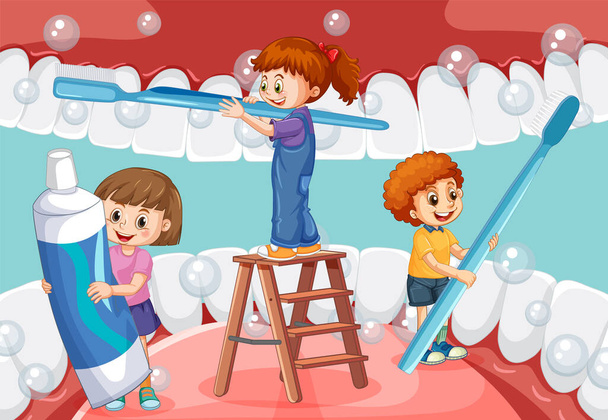 İnsan ağzının içinde diş fırçasıyla beyaz dişleri fırçalayan mutlu çocuklar. - Vektör, Görsel