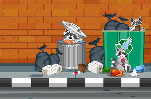 Drie wasberen eten voedsel uit afval door de weg illustratie - Vector, afbeelding