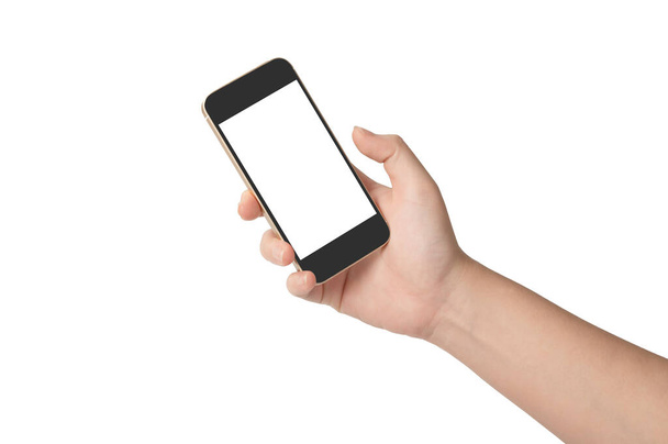Mujer de mano sosteniendo teléfono inteligente negro aislado sobre fondo blanco - Foto, Imagen