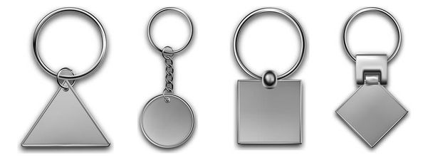 Holder trinket in other shapes isolated on white background. Realistic template metal keychain set. Trinket keyring, keyholder and breloque illustration. - Vector, Image