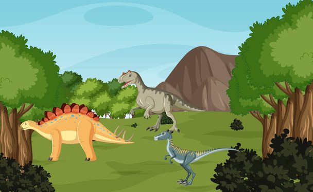 Přírodní scéna se stromy na horách s dinosauří ilustrací - Vektor, obrázek