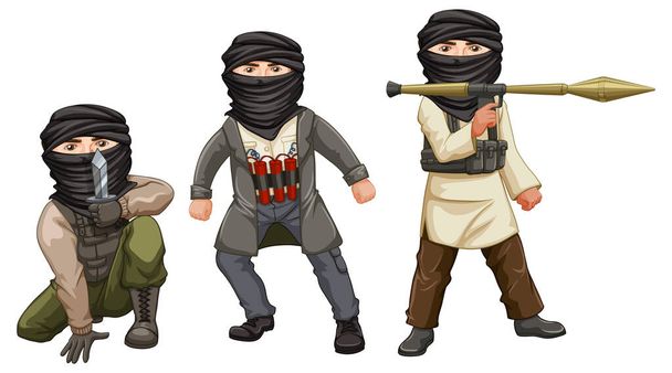 Three terrorists with dangerous weapons illustration - Vector, Image