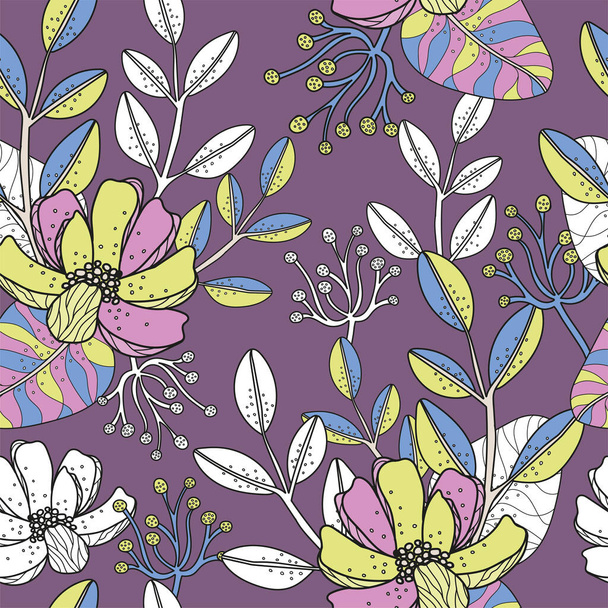 Vector modern art florals seamless pattern with purple background - Vektor, obrázek