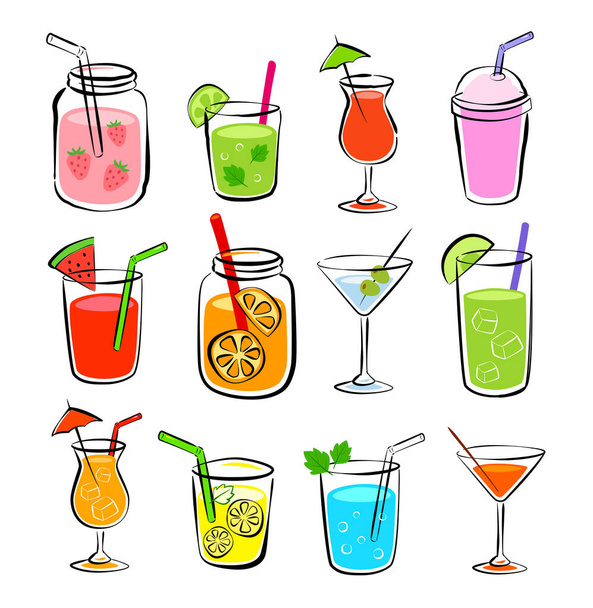 Tropical drinks summer set menu. Cold drinks with hand drawn illustration. Fruit smoothie, cocktails, alcoholic drinks. - ベクター画像