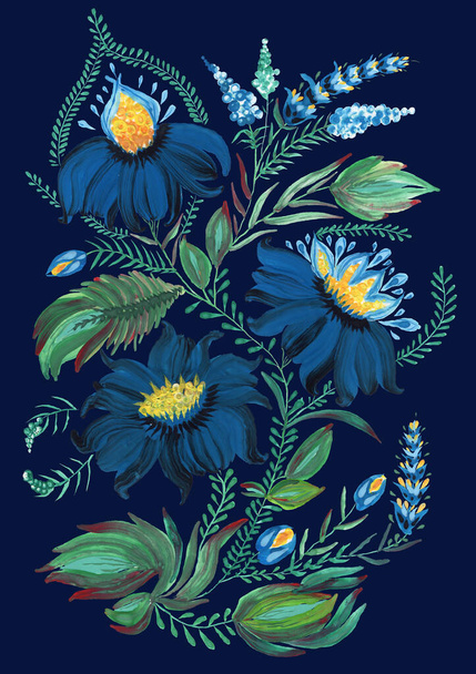 Colagem floral no estilo de pintura popular ucraniana Petrykivka. Mão azul escuro desenhado flores fantasia, folhas, ramos encaracolados isolados em um fundo azul escuro índigo. Batik, cartaz, camiseta imprimir - Foto, Imagem