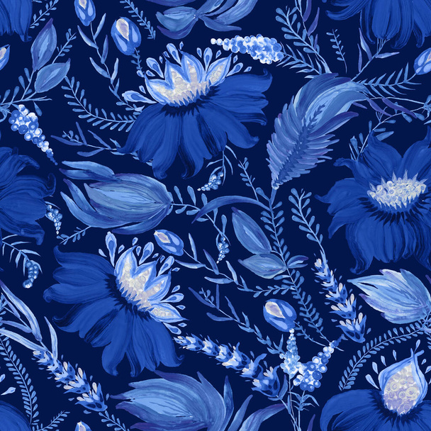 Blaues, nahtloses Blumenmuster im ukrainischen Volksmalstil Petrykivka. Handgezeichnete Fantasieblumen, Blätter, Äste isoliert auf dunkelindigoblauem Hintergrund - Foto, Bild