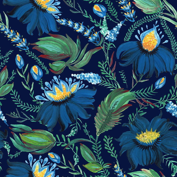 Patrón sin costura floral en estilo de pintura popular ucraniana Petrykivka. Flores de fantasía dibujadas a mano, hojas, ramas aisladas sobre un fondo azul índigo oscuro - Foto, imagen