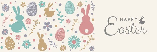 Cute bunnies, eggs and flowers on background with Happy Easter wishes. Banner. Vector - Vecteur, image
